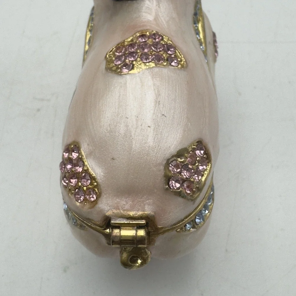 Bejeweled Enameled Pewter Spotted Pig Trinket Box With Crystals Pink Black